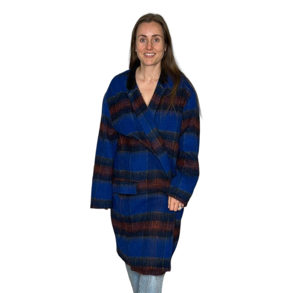 FREE PEOPLE Blue Orange Plaid Long and Lean Coat Women's Size Large Oversized‎